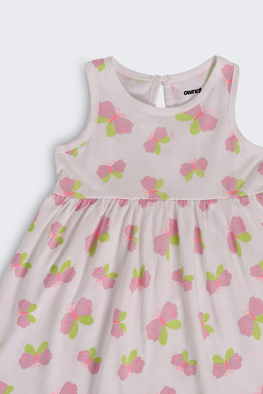 White Butterfly Printed Gathered Fit Dress For Girls