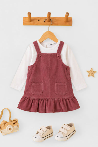 Pink Textured Regular Fit Dungaree and T-Shirt For Infant Girls