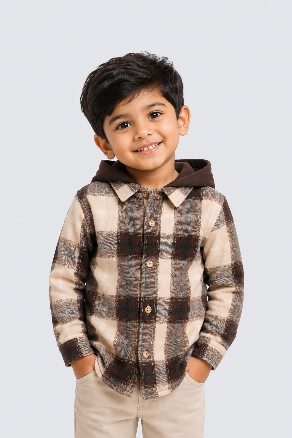 Beige & Black Regular Hooded Check Shacket Shirt For Boys