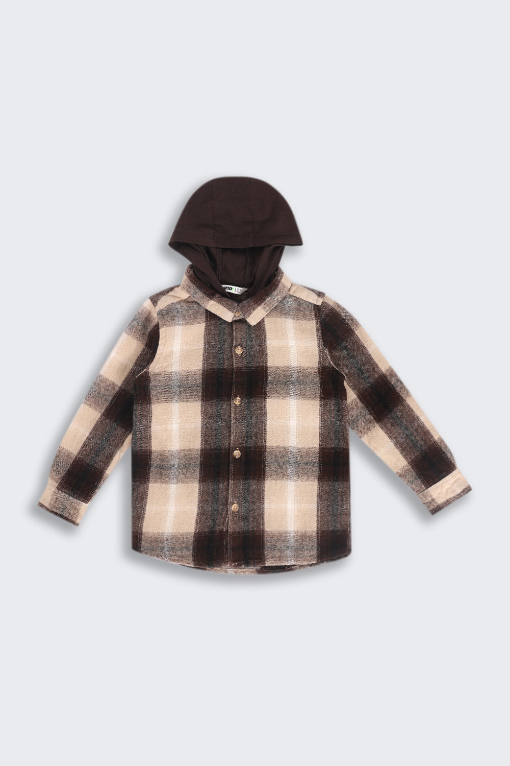 Beige & Black Regular Hooded Check Shacket Shirt For Boys