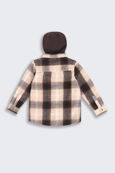 Beige & Black Regular Hooded Check Shacket Shirt For Boys