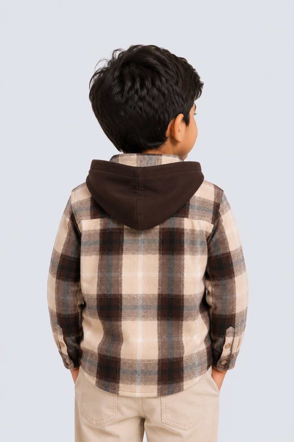 Beige & Black Regular Hooded Check Shacket Shirt For Boys