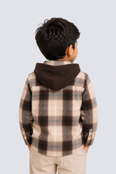 Beige & Black Regular Hooded Check Shacket Shirt For Boys