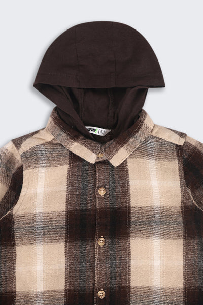 Beige & Black Regular Hooded Check Shacket Shirt For Boys