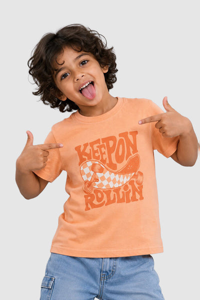 Orange Typographic Cotton Regular Fit T-Shirt For Boys