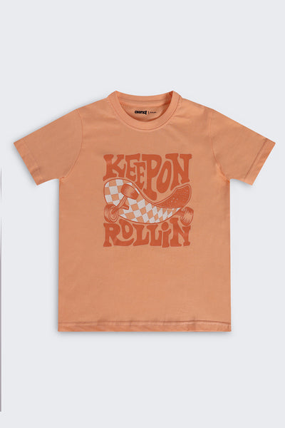Orange Typographic Cotton Regular Fit T-Shirt For Boys