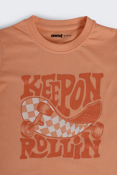 Orange Typographic Cotton Regular Fit T-Shirt For Boys