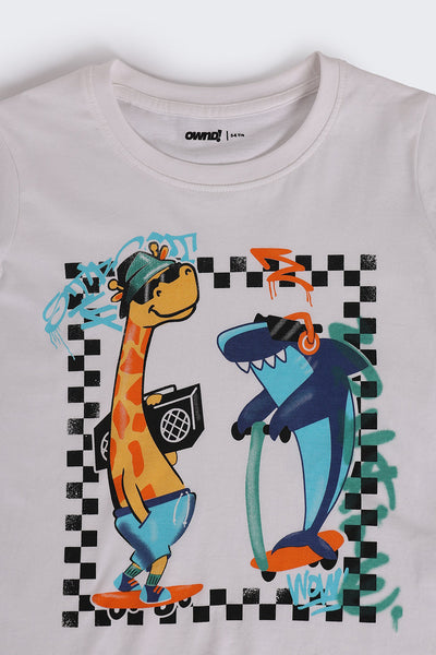 White Cartoon Regular Fit T-Shirt For Boys