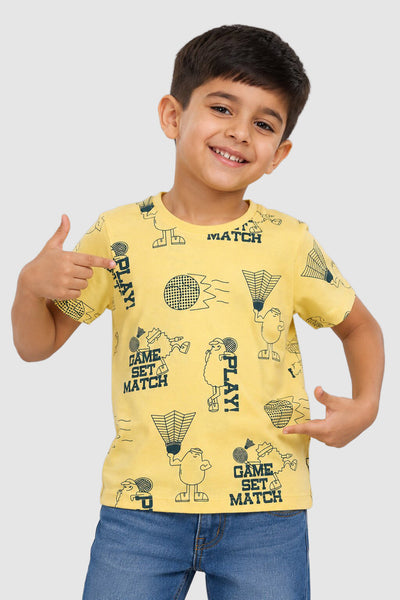 Yellow Cartoon Regular Fit T-Shirt For Boys