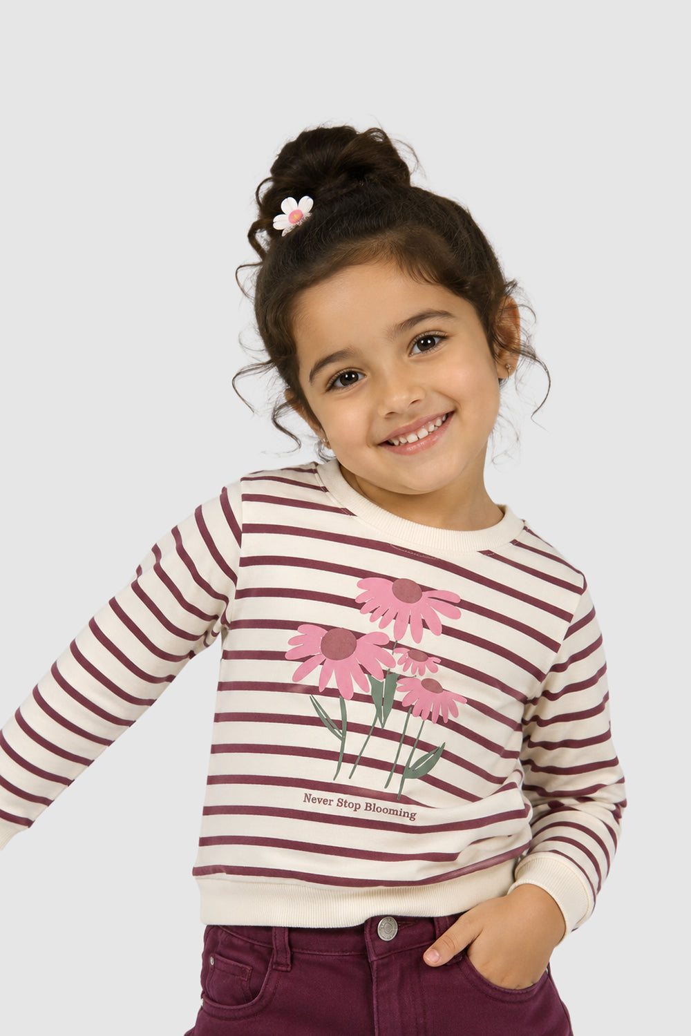 Cream Floral Cotton Regular Fit Sweatshirt For Girls