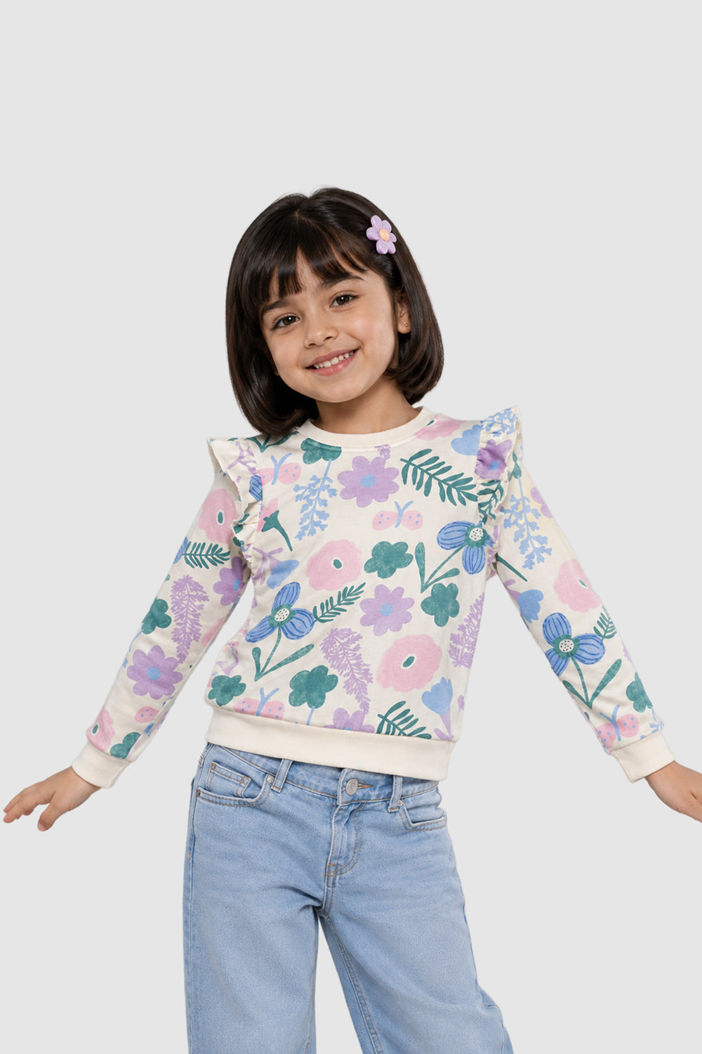 Multi Coloured Floral Ruffle Regular Fit Sweatshirt For Girls