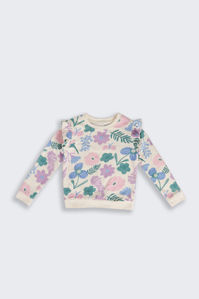 Multi Coloured Floral Ruffle Regular Fit Sweatshirt For Girls