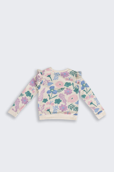 Multi Coloured Floral Ruffle Regular Fit Sweatshirt For Girls