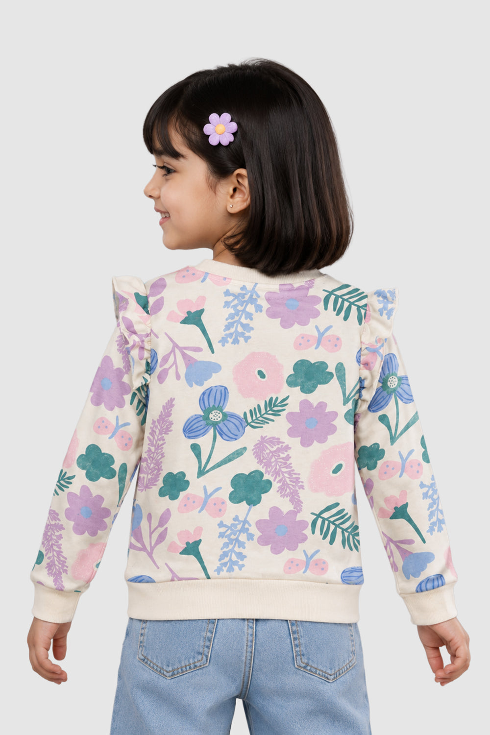 Multi Coloured Floral Ruffle Regular Fit Sweatshirt For Girls