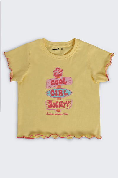 Yellow Graphic Regular Fit T-Shirt For Girls