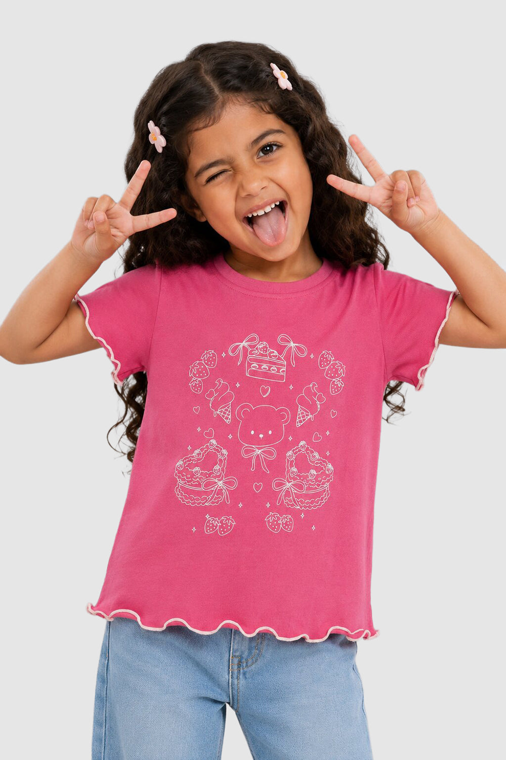 Pink Flutter Sleeves Regular Fit T-Shirt For Girls