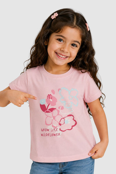 Pink Floral Regular Fit T-Shirt For Girls