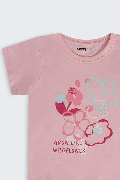Pink Floral Regular Fit T-Shirt For Girls