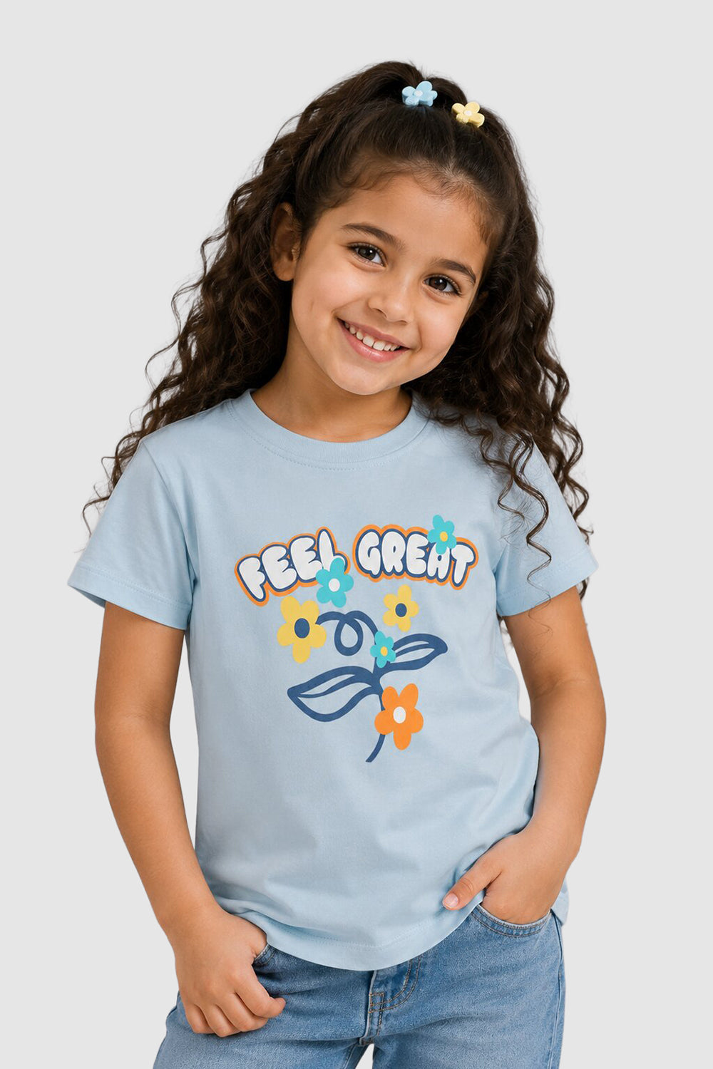 Light Blue Graphic Regular Fit T-Shirt For Girls