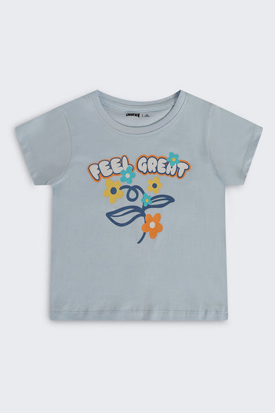 Light Blue Graphic Regular Fit T-Shirt For Girls