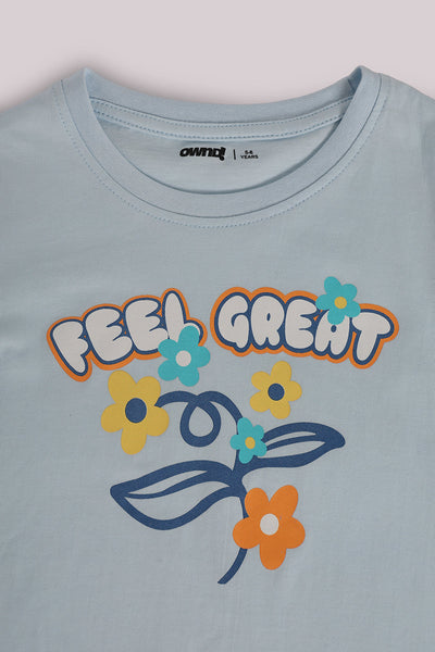 Light Blue Graphic Regular Fit T-Shirt For Girls