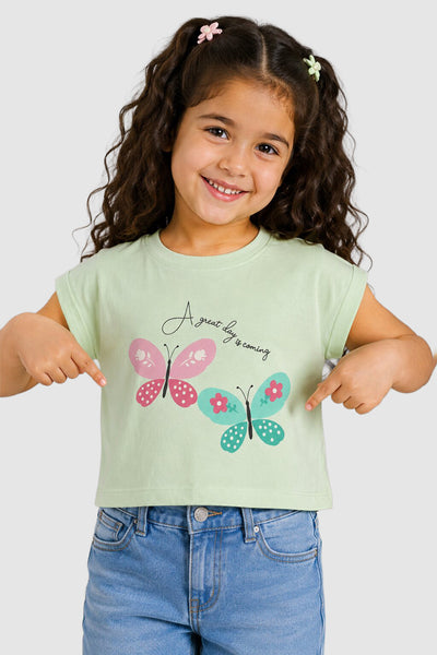 Light Green Butterfly Graphic Boxy Fit T-Shirt For Girls