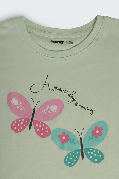 Light Green Butterfly Graphic Boxy Fit T-Shirt For Girls