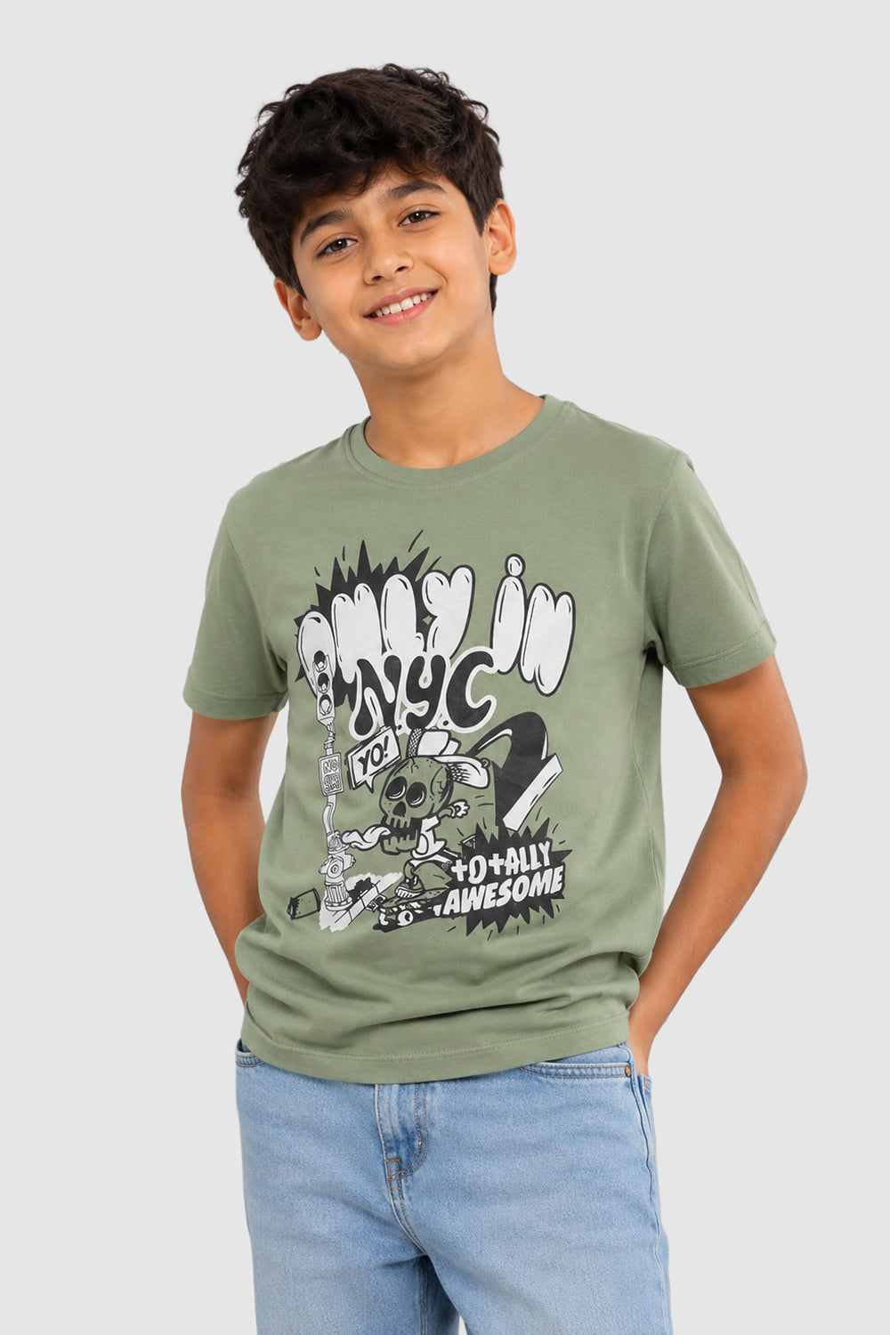 Green Cartoon Regular Fit T-Shirt For Tweens Boys