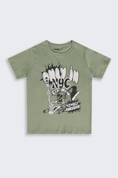 Green Cartoon Regular Fit T-Shirt For Tweens Boys