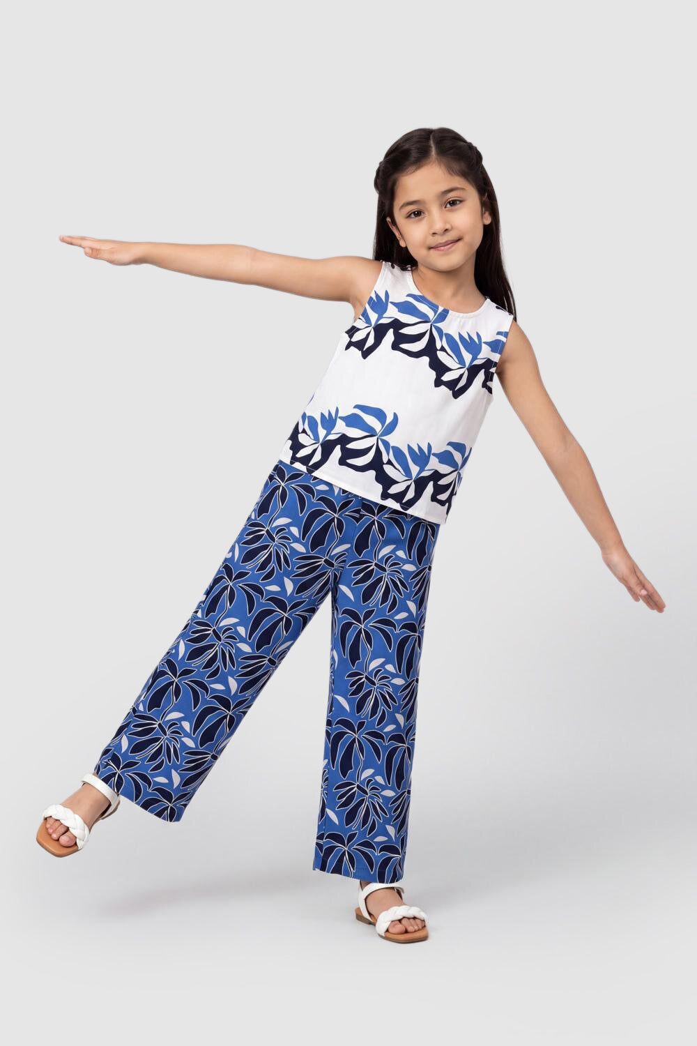 Blue Leaf Print Wide Leg Fit Co Ord Set For Tweens Girls