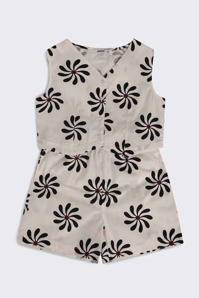 Off White Floral Regular Fit Co Ord Set For Tweens Girls