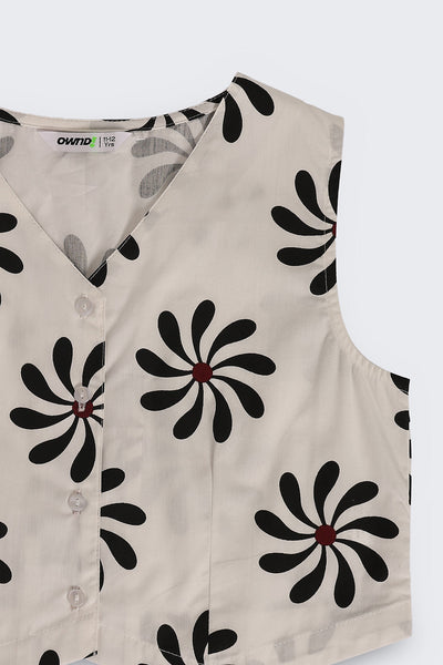 Off White Floral Regular Fit Co Ord Set For Tweens Girls