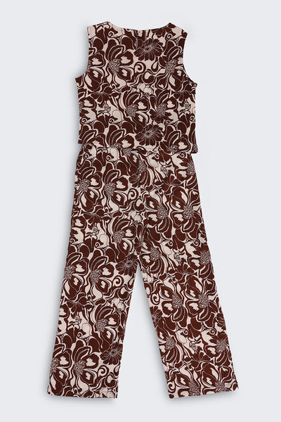 Brown Botanical Regular Fit Co Ord Set For Tweens Girls