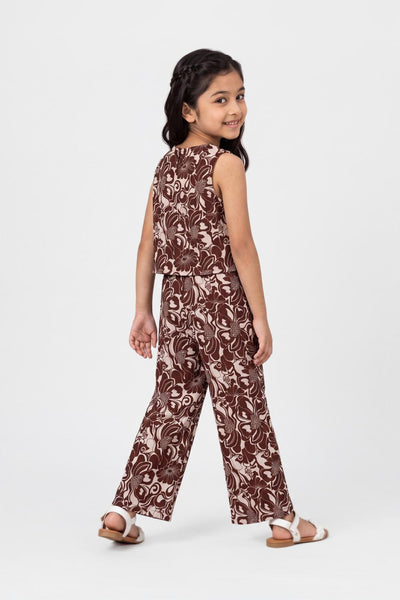 Brown Botanical Regular Fit Co Ord Set For Tweens Girls
