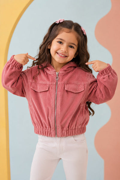 Girls Boxy Fit Pink Textured Jacket