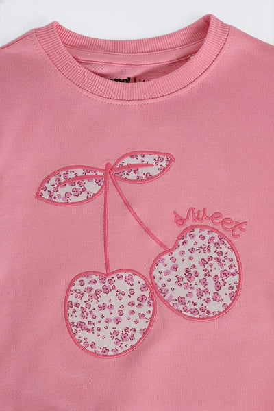 Girls Regular Fit Pink Embroidered Sweatshirt
