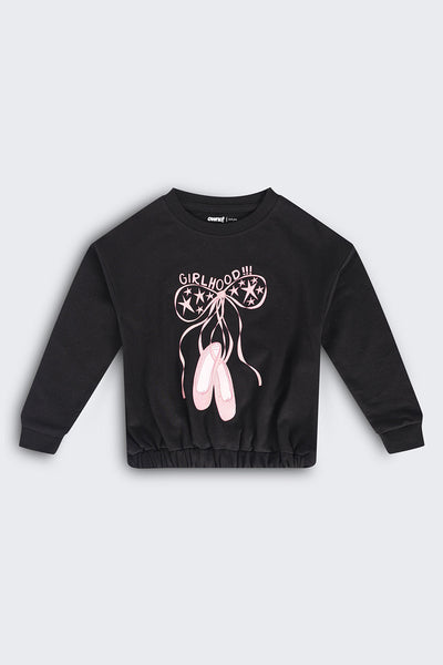 Girls Regular Fit Black Graphic Sweatshirt
