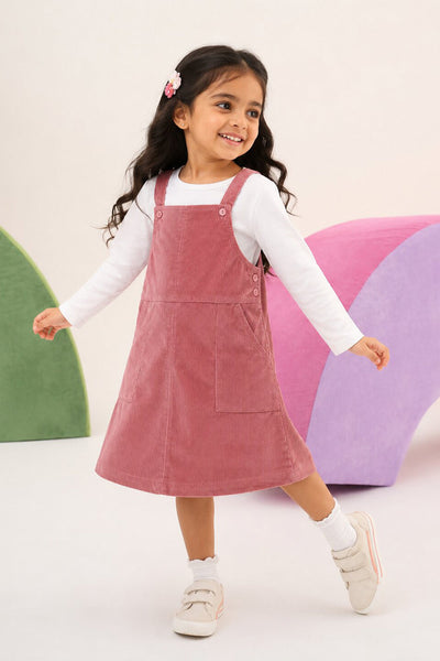 Girls Regular Fit Pink Textured Dungaree and T-Shirt