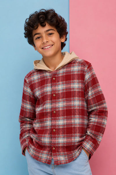 Tweens Boys Regular Fit Red Checked Casual Shirt with Hoodie