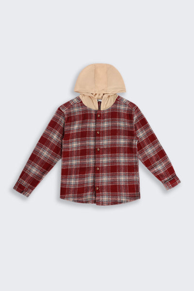 Tweens Boys Regular Fit Red Checked Casual Shirt with Hoodie