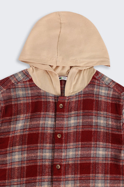 Tweens Boys Regular Fit Red Checked Casual Shirt with Hoodie