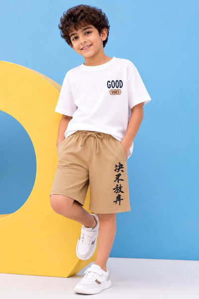 Tweens Boys Regular Fit Beige Placement Design Shorts
