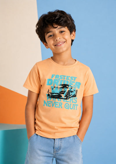 Tweens Boys Regular Fit Peach Graphic T-Shirt