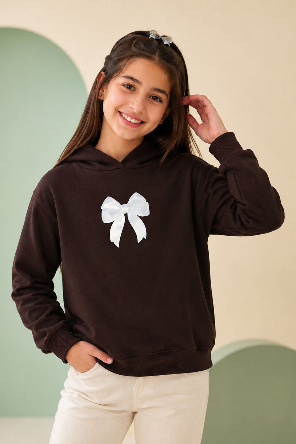 Tweens Girls Brown Placement Design Hooded Sweatshirt