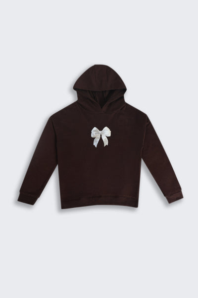 Tweens Girls Brown Placement Design Hooded Sweatshirt