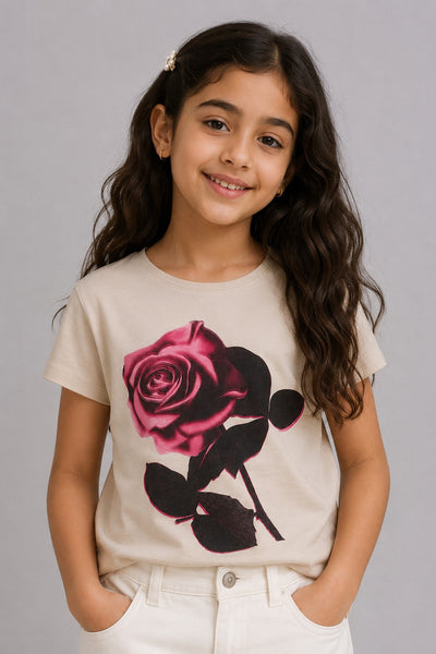 Tweens Girls Regular Fit Off White Floral Design T-Shirt