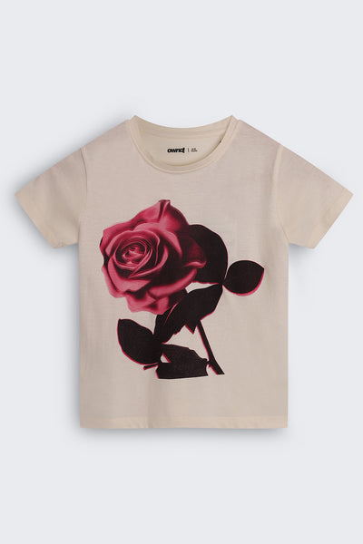 Tweens Girls Regular Fit Off White Floral Design T-Shirt