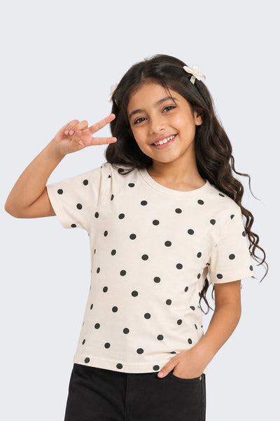 Tweens Girls Regular Fit Off White Polka Dot T-Shirt