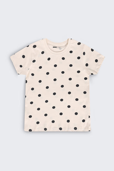 Tweens Girls Regular Fit Off White Polka Dot T-Shirt