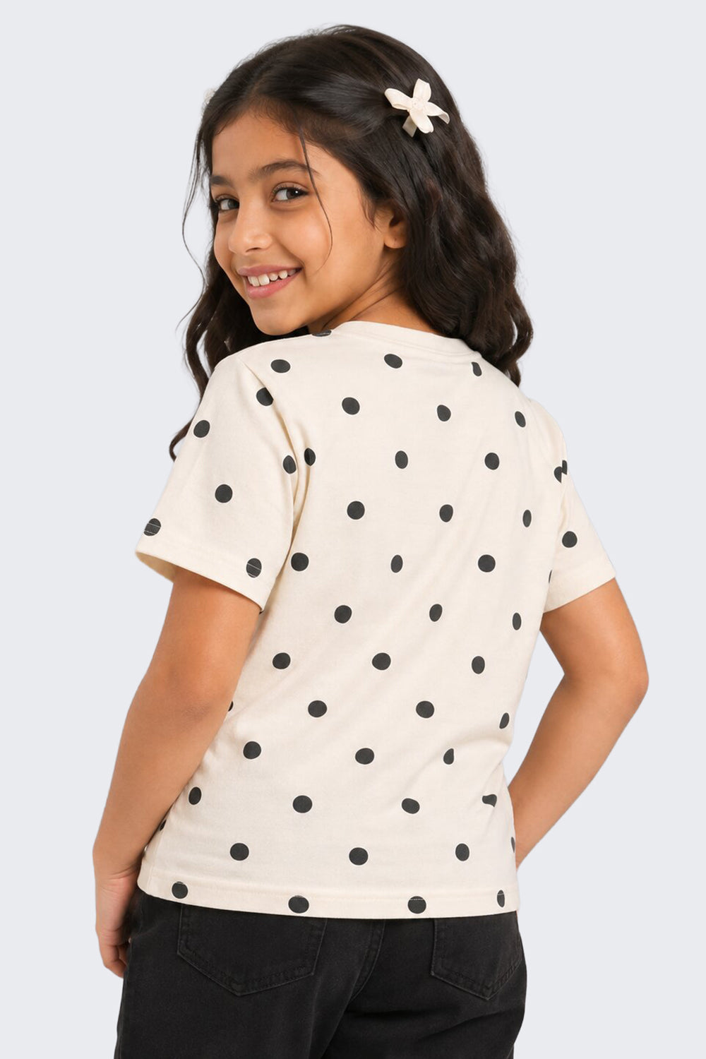 Tweens Girls Regular Fit Off White Polka Dot T-Shirt